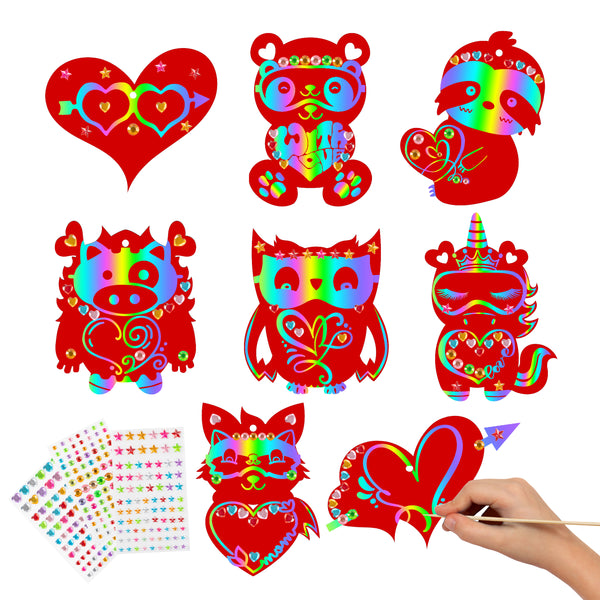 MALLMALL6 64pcs Valentine’s Day Red Scratch Paper Rainbow Party Supplies with Diamond Stickers Sloth Unicorn Monster Bear Owl Love Hearts Color Reveal Doodles Card DIY Craft Anniversary Wedding Decor