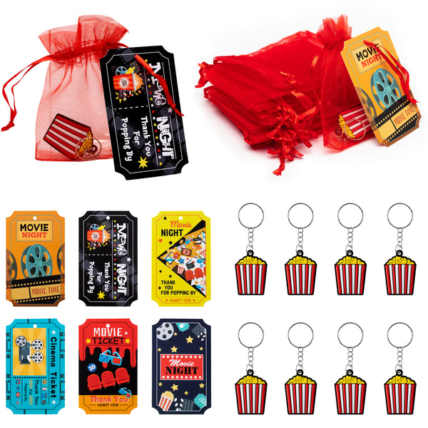 MALMALL6 72Pcs Movie Night Tag & Keychains with Organza Candy Bags Popcorn Bucket Key Chains Thank You for Popping by Thanks Kraft Tags Gift Wrapping Supplies for Friends Gathering Party Decorations