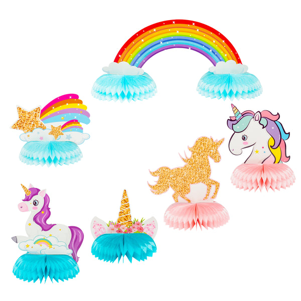 MALLMALL6 6Pcs Unicorn Honeycomb Candy Color Rainbow Cloud Star Flower Centerpieces Party Table Topper Shiny Unicorn Honeycomb Theme Birthday Baby Shower Decorations Birthday Supplies for Kids