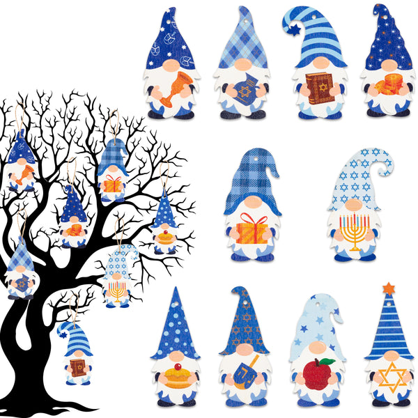 MALLMALL6 31Pcs Hanukkah Gnome Hanging Wood Ornament Kit with Rope Menorah Dreidel Hexagram Blue & White Grid Elf with Hat Wooden Hanging Tags Home Party Decoration for Chanukkah Favors Supplies