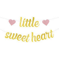 MALLMALL6 Little Sweetheart Banner Valentine's Day Baby Shower Party Favors Supplies Golden Glittery Sign Photo Props Pre-Strung Hanging Kit Valentine Gender Reveal Party Decorations for Boy Girl