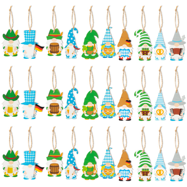 MALLMALL6 31Pcs Oktoberfest Theme Gnome Ornament Wood Party Tags for German Beer Festival Party Decors Photo Booth Props Wooden Gnome Elf Hanging Decorations with Burlap Rope Tree Pendan for Carnivals