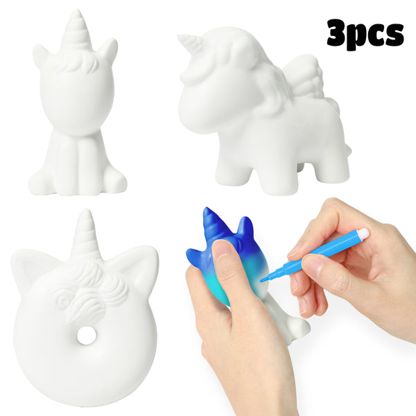 MALLMALL6 3Pcs DIY Slow Rising Unicorn Squishies Kit Set Blank Squishies Art Crafts Kits for Kids White Toys to Paint with 12 Colored Pen Sweet Creamy Scented Kawaii Soft Unicorn Stress Relief Toys