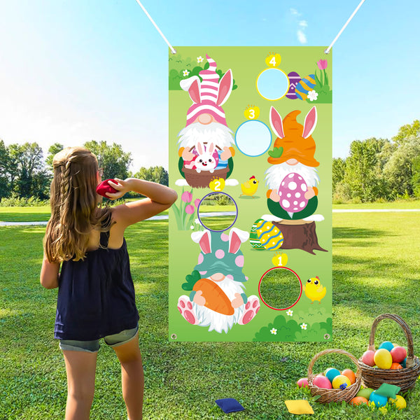 MALLMALL6 Easter Gnomes Bean Bag Toss Game for Kids Easter Gnome Themed Birthday Party Supplies Decorations Tossing Family Game Activity Toys for Outdoor Indoor with 4 Colors Bean Bags 30x53 Inches