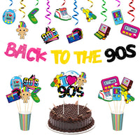 MALLMALL6 42pcs 1990s Party Decoration Set Back to the 90s Glitter Banner I Love 90s Cake Topper 90’s Throwback Rock and Roll Hanging Swirls Centerpieces Party Supplies for 90’s Retro Birthday Party