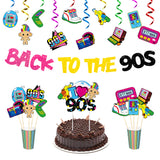 MALLMALL6 42pcs 1990s Party Decoration Set Back to the 90s Glitter Banner I Love 90s Cake Topper 90’s Throwback Rock and Roll Hanging Swirls Centerpieces Party Supplies for 90’s Retro Birthday Party