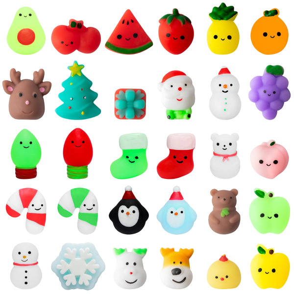 MALLMALL6 30Pcs Christmas Mochi Squeeze Toys for Kids Party Favors, Kawaii Animal Fruit Squeeze Stress Relief Toys for Christmas Decoration Treat Bags Gifts, Birthday Gifts, Goodie Bag