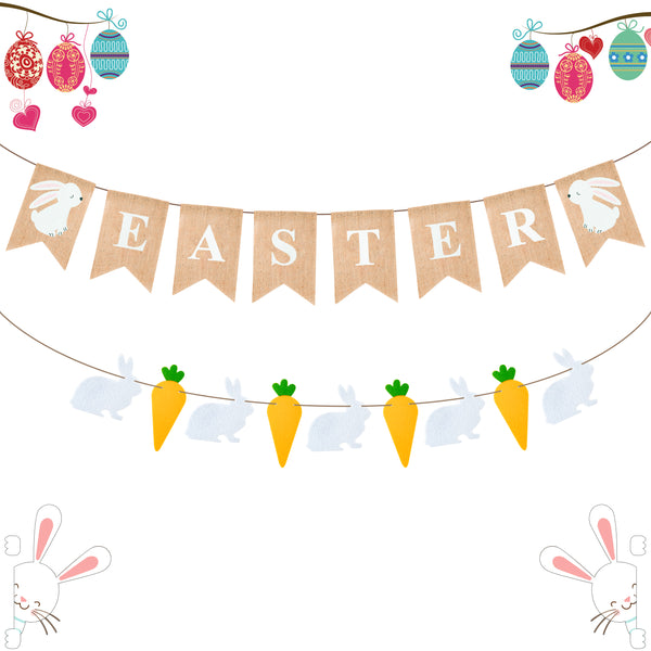 MALLMALL6 2Pcs Easter Banner Bunny and Carrot Felt Garland Pre-Strung Burlap Banner No DIY Sign Hanging Set for Easter Day Spring Party Decoration Supplies for Fireplace Outdoor Home