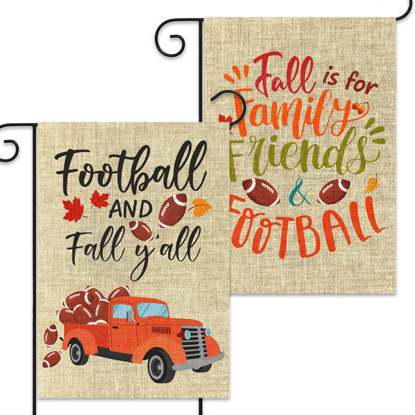 MALLMALL6 2Pcs Football Fall Garden Flag 18.4x12.4 Inch Autumn Y’all Truck Double Sided Linen Flags Fall Is for Family Friends & Football Maple Leaves Party Decoration for Home Outdoor Yard Lawn