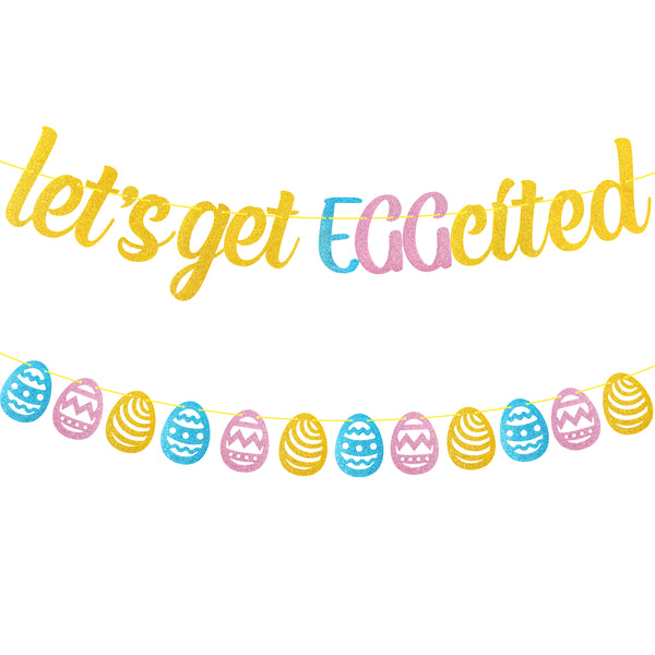 MALLMALL6 2Pcs Let's Get EGGcited Banners for Easter Party Decorations Pre-Strung Glittery Sign with 3 Colors Easter Egg Garland Hanging Kit Spring Holiday Supplies for Fireplace Outdoor Home