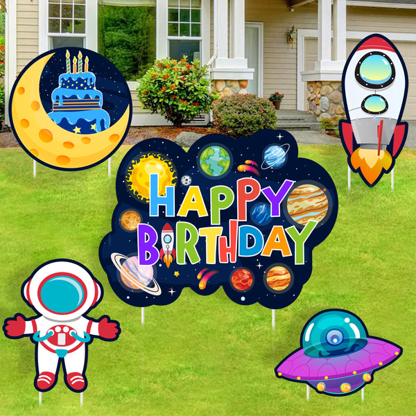 MALLMALL6 5Pcs Outer Space Happy Birthday Yard Signs Cake Astronaut Moon Rocket Nine Planets UFO Waterproof Lawn Garden Large Sign Decoration with Stakes for Outdoor Colorful Birthday Party Supplies