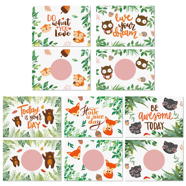 MALLMALL6 50pcs DIY Woodland Animals Scratch Off Cards Blank Forest Animals Birthday Party Favors Supplies Autumn Bear Fox Owl Make You Own Gift Cards for Teacher Kids Rewards Small Business Prizes