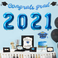 MALLMALL6 15Pcs Graduation Candy Bar Decorations Congrats Grad Banner Photo Backdrop Cake Toppers Bachelor Cap 2021 Blue Foil Balloons Celebration Party Supply Decor for College High School Yard Sign