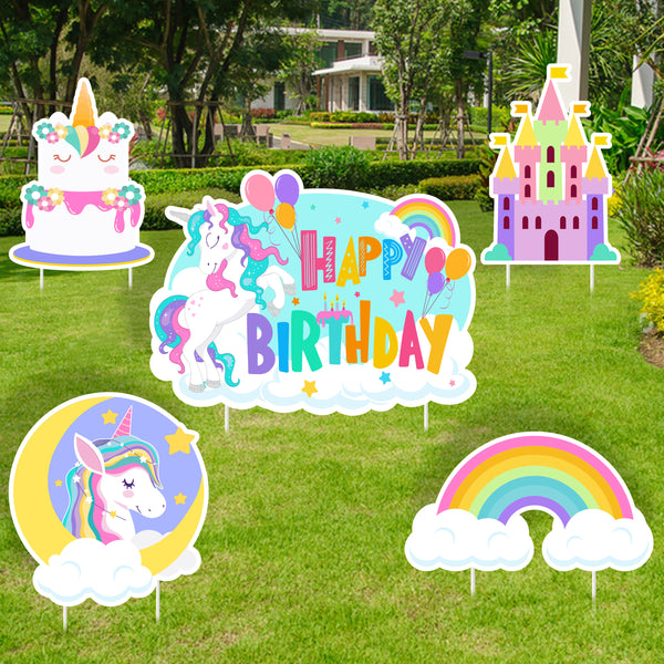 MALLMALL6 5Pcs Unicorn Happy Birthday Yard Signs Cake Moon Star Rainbow Castle Balloon Waterproof Lawn Garden Large Single Sided Sign with Stakes for Outdoor Colorful Birthday Party Decoration