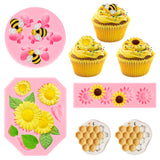 MALLMALL6 5Pcs Honeycomb Sunflower Bee Fondant Molds Hive Silicone Mold DIY Party Supplies Chocolate Cookies and Candy Baking Kitchen Accessories Cake Decorations for Birthday Wedding Anniversary