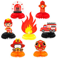 MALLMALL6 7Pcs Firefighter Honeycomb Centerpieces Fireman Themed Table Decorations Birthday Party Supplies Firetruck Fire Hat Extinguisher Themed Party Favors Room Decor Photo Booth Props for Kids