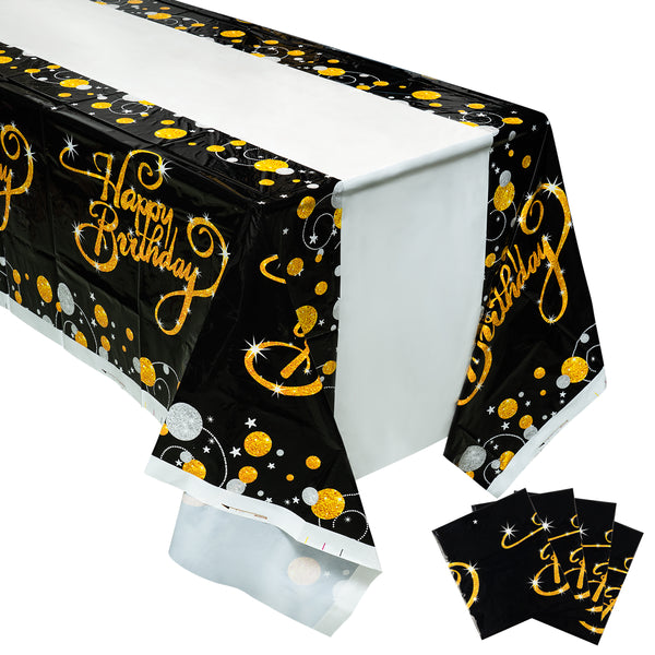 MALLMALL6 4Pcs Birthday Table Cover Set Happy Birthday Theme Bling Black and Golden Waterproof Tablecloth Party Supplies Large Plastic Rectangular Design Kitchen Picnic Decoration for kid Adult