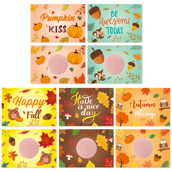 MALLMALL6 50pcs Autumn DIY Scratch Off Cards Happy Fall Thanksgiving Blank Gift Certificate for Small Business Pumpkin Maple Leaf Acorn Prizes for Kids Classroom Teacher Supplies Holiday Party Favor