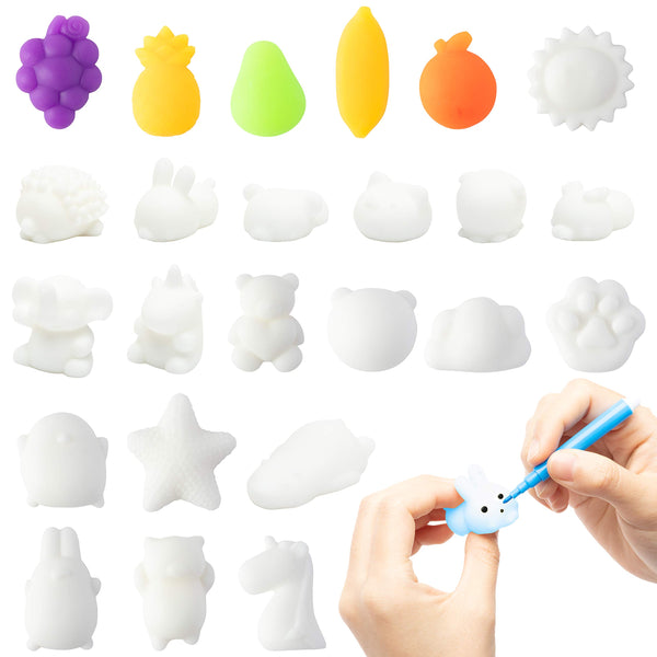 MALLMALL6 25Pcs Mochi Squeeze Toys for kids 20Pcs Make Your Own Mochi Toy DIY 20pcs Animal and 5Pcs Fruit Shape with 12 Colored Pens Party Favor Birthday Gift Goodie Bag Classroom Prize for Boys Girls