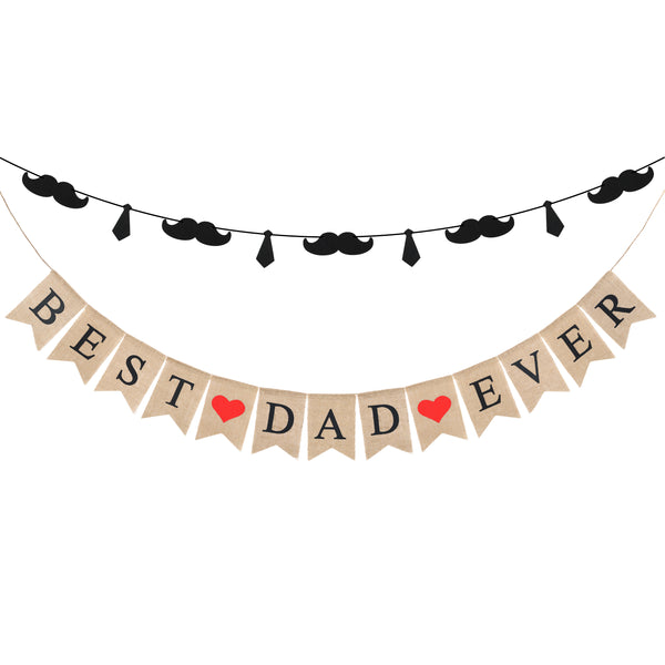 MALLMALL6 2Pcs Best Dad Ever Banners Happy Father’s Day Linen Burlap Banner Beard Mustache and Necktie Garland Bunting Flag Party Supplies Daddy's Day Party Favor Room Decorations Family Photo Props