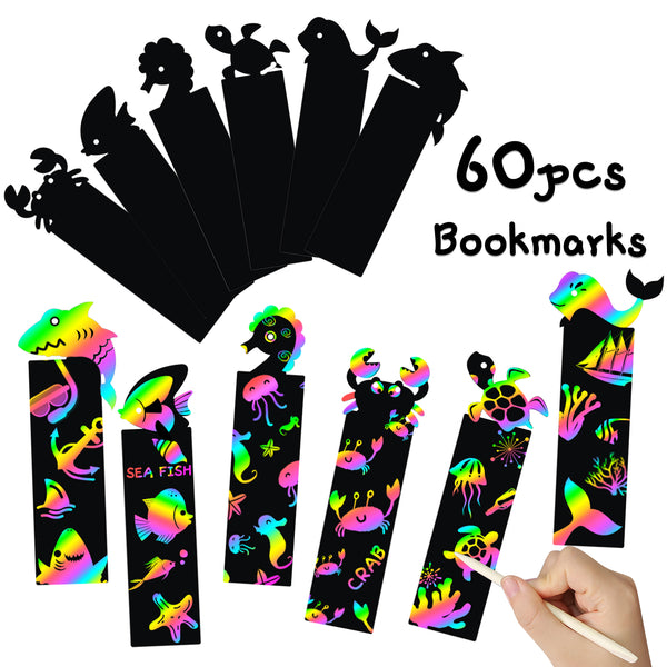 MALLMALL6 60Pcs Sea Animal Scratch Bookmarks Rainbow Scratch Shark Crab DIY Hang Tags Party Favors Ocean Animals Theme Birthday Party Classroom School Supplies Decorations Crafts Games for Kids