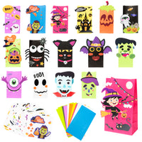 MALLMALL6 15pcs Halloween Paper Bag Art Kit with 15 Kinds Halloween Character Trick or Treat Candy Treat Bags Pumpkin DIY Craft Game Halloween Vampire Bat Castle Gift Bag Party Favor Supplies for Kids