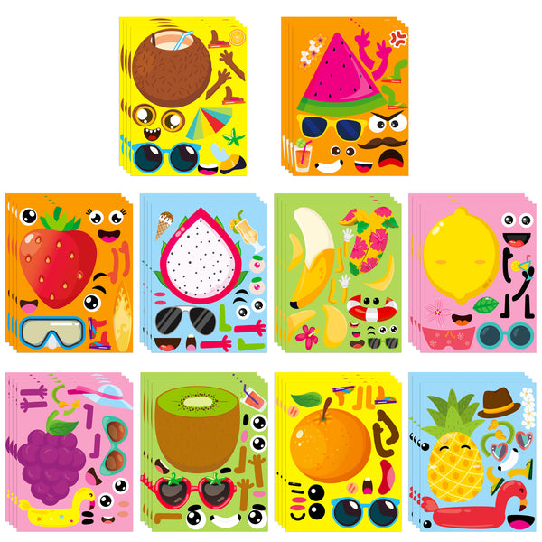 MALLMALL6 40Pcs Make Your Own Fruit Stickers 10 Kinds Cartoon Fruit Summer Hawaii Theme Characters Sticker DIY Dress Up Art Crafts Mixed and Matched Tutti Frutti Party Favors Games Decorations for Kid