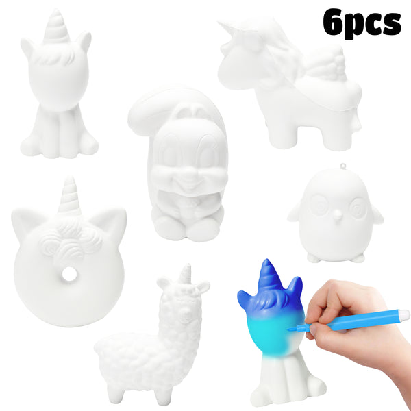 MALLMALL6 6Pcs DIY Slow Rising Animals Random Squeeze Novelty Set Unicorn Blank Soft Bulk Stress Relief Toys Art Crafts Kits for Kids White Toys to Paint Sweet Creamy Scented with Color Pens