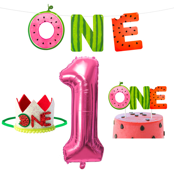 MALLMALL6 4Pcs Watermelon ONE First Birthday Party Decor in a Melon Summer Glitter Paper Banner Cake Topper Crown Rose Red Foil Balloon Kit Decorations Supplies Fruit Theme Photo Props for Baby Shower