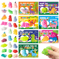 MALLMALL6 28 Packs Valentines Day Gift Cards with Kawaii Mochi, Dinosaur Squeeze Stress Relief Fidget Toys for Kids Toddler School Classroom Exchange Prizes Dinosaur Theme Valentine Party Favors Set