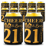 MALLMALL6 12Pcs 21th Happy Birthday Beer Can Sleeves Set Twenty-one Years Old Theme Party Decoration Favor Supplies Black and Gold Cheers Beer Bottle Cover Soda Beverage Can Decor Gift for Men Women