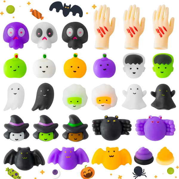 MALLMALL6 28pcs Halloween Mochi Squeeze Toys with Cute Face Kawaii Squeeze with Witch Pumpkin Bat Ghost Zombie for Halloween Decorations Party Favors Supplies for Kids Pressure Relief Squeeze Toys