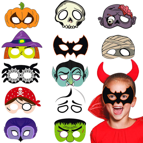 MALLMALL6 24Pcs Halloween Masks Dress Up Costumes Trick or Treat Scary Theme Party Favors Supplies Pretend Play Green Monster Bat Mummy Skeleton Pumpkin Ghost Witch Owl Vampire Zombie Pirate Spider