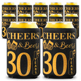 MALLMALL6 12Pcs 30th Happy Birthday Beer Can Sleeves Set Thirty Years Old Theme Party Decoration Favors Supplies Black and Gold Cheers Beer Bottle Cover Soda Beverage Can Decor Gifts for Men Women