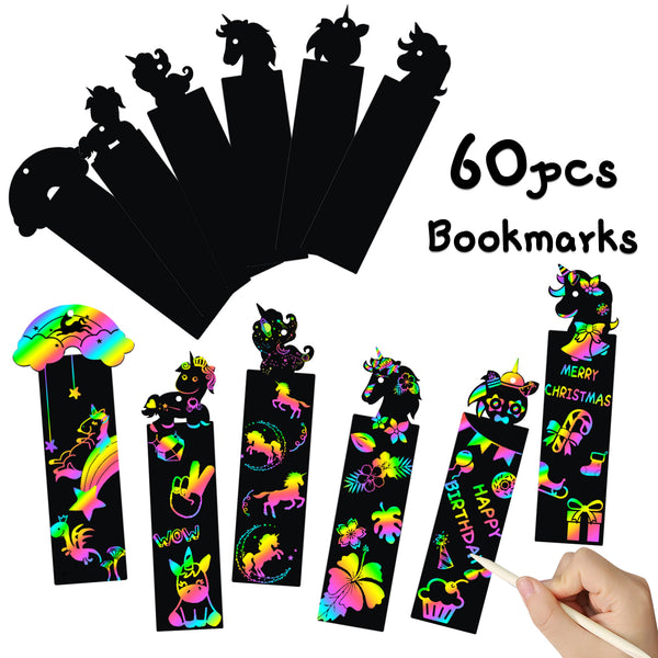 MALLMALL6 60Pcs Unicorn Scratch Bookmarks Rainbow Unicorn Scratch Party Favors DIY Hang Tags Magic Unicorns Theme Birthday Party Classroom School Supplies Decorations Crafts Games for Kids