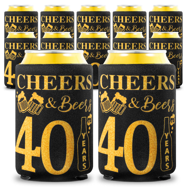 MALLMALL6 12Pcs 40th Happy Birthday Beer Can Sleeves Set Forty Years Old Theme Party Decoration Favor Supplies Black and Gold Cheers Beer Bottle Cover Soda Beverage Can Decor Parent Gift for Men Women