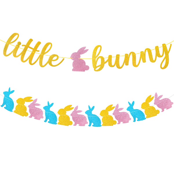 MALLMALL6 2Pcs Little Bunny Banners Easter Baby Shower Decorations Spring Holiday Newborn Birthday Party Supplies for Boys Girls 3 Colors Glittery Bunny Patterns Pre-Assembled Hanging Kit for Outdoor