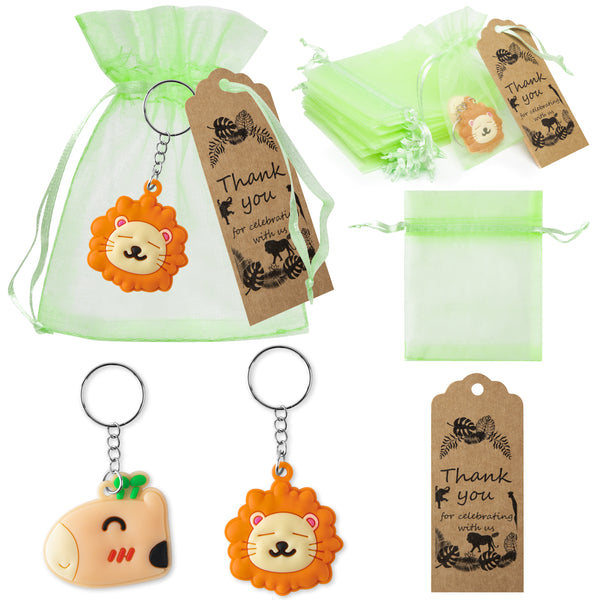 MALMALL6 60Pcs Jungle Safari Animal Tags & Keychains with Organza Candy Bags Lions Horse Forest Key Chains Wild One First Thank You Kraft Tags Party Decoration Supplies Gift Wrapping for Baby Boy