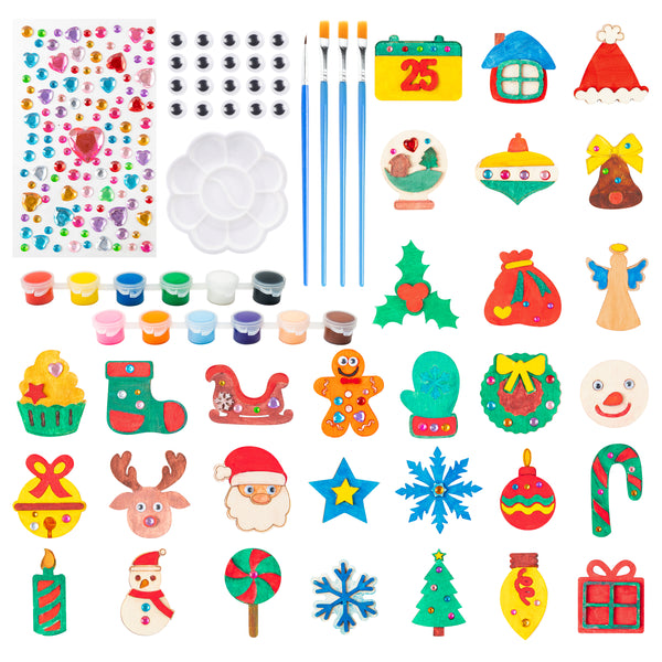 MALLMALL6 58pcs Christmas DIY Wooden Crafts Magnets Xmas Handmade Painting Wood Artwork Project Kit Refrigerator Decoration Christmas Party Favor Craft Supplies Gift for Kids Home School Activity