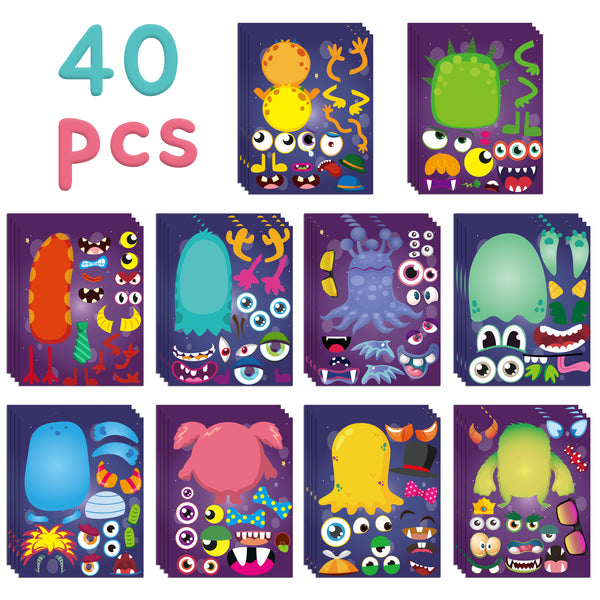 MALLMALL6 40Pcs Monsters Make a Face Stickers Sheets Birthday Halloween Party Supplies Little Monster Party Favor DIY Art Crafts Games Make Your Own Sticker Baby Shower Decorations for Kids Boys Girls