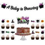 MALLMALL6 26pcs Halloween Baby Shower Glitter Decoration Kit A Baby Is Brewing Banner Cake Centerpieces Cupcake Toppers Ornament for Adults Pregnancy Gender Reveal Announcement Party Favor Supplies