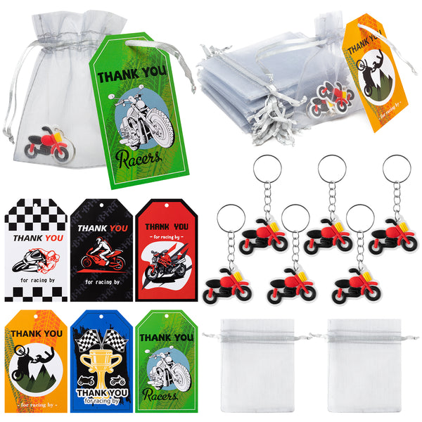 MALMALL6 72Pcs Motor Cross Tag & Keychains with Organza Candy Bags Dirt Bike Key Chains Thank You for Racing by Thanks Kraft Tags Gift Wrapping Supplies for Motorcyclists Gathering Party Decorations