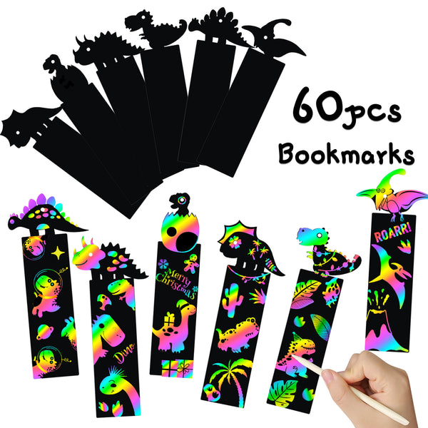 MALLMALL6 56Pcs Animals Scratch Bookmarks Rainbow Scratch Unicorn Dinosaur Ocean Forest Farm Animal DIY Hang Tags Party Favor Birthday Classroom School Supplies Decorations Crafts Games for Kids