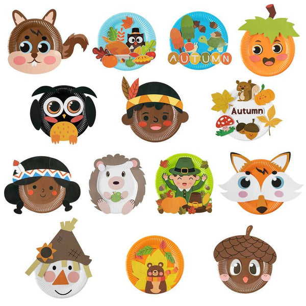 MALLMALL6 15pcs Autumn Paper Plate Art Kits Pumpkin DIY Craft Sticker Games Maple Leaf Acorn Early Learning Art Project for Toddler Preschool Activities Happy Fall Holiday Party Supplies for Boy Girl