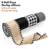 MALLMALL6 4 Rolls Farmhouse Wired Edge Faux Burlap Ribbons 2.5" x 30 Yards Plaid Check Black White Gray Stripe Ribbon Linen Sackcloth Crafts for Flower Wreath Floral Bouquet Wrapping Home Decor