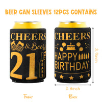 MALLMALL6 12Pcs 21th Happy Birthday Beer Can Sleeves Set Twenty-one Years Old Theme Party Decoration Favor Supplies Black and Gold Cheers Beer Bottle Cover Soda Beverage Can Decor Gift for Men Women