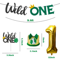 MALLMALL6 4Pcs Wild ONE First Birthday Party Decor Summer Supplies Glitter Paper Banner Cake Topper Crown Gold Foil Balloon Decorations Kit Nature Theme Baby Shower Photo Props for Baby Boys