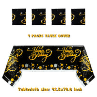 MALLMALL6 4Pcs Birthday Table Cover Set Happy Birthday Theme Bling Black and Golden Waterproof Tablecloth Party Supplies Large Plastic Rectangular Design Kitchen Picnic Decoration for kid Adult