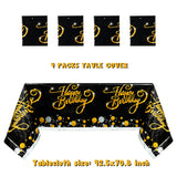 MALLMALL6 4Pcs Birthday Table Cover Set Happy Birthday Theme Bling Black and Golden Waterproof Tablecloth Party Supplies Large Plastic Rectangular Design Kitchen Picnic Decoration for kid Adult