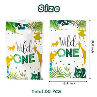 MALLMALL6 50Pcs Wild One Party Favor Bag Jungle Green Waterproof Plastic Gift Bags Safari Animal Candy Snack Bags One Year Old Party Supplies for Kids Boys Girls First Birthday Party Baby Shower